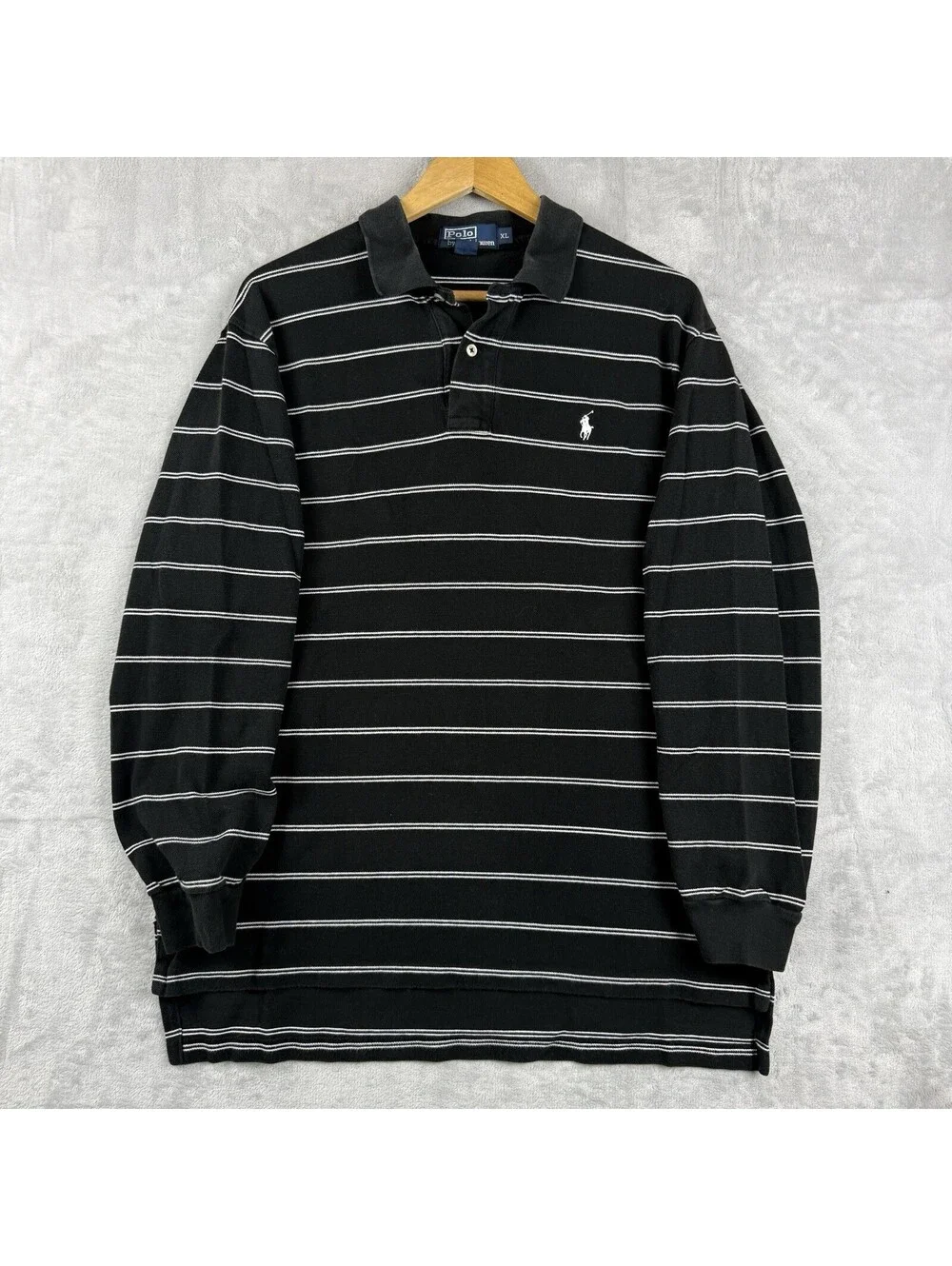 Polo Ralph Lauren Black White Stripe Rugby Polo Shirt Long Sleeve Pony Casual XL